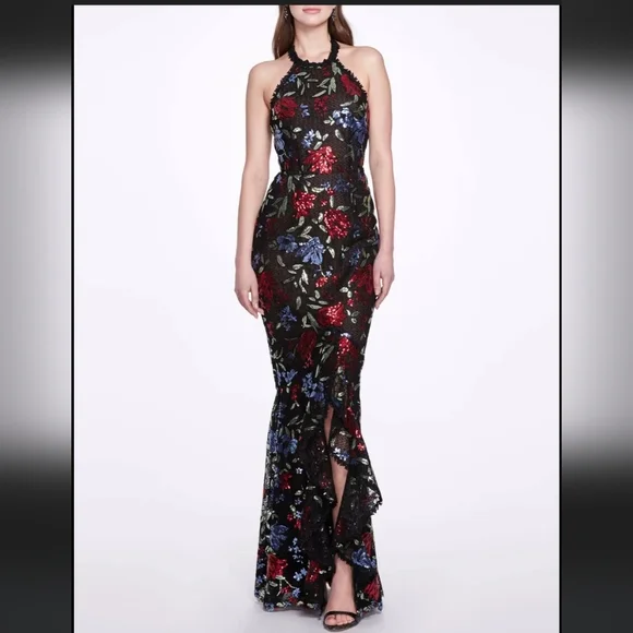 Marchesa Notte Sleeveless Halter Embroidered & Sequin Gown Size 8 Prom - Picture 7 of 15